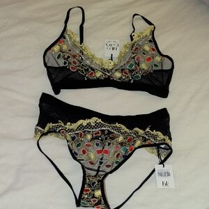 Kilo Brava Bejeweled Black and Gold Lace Lingerie Set